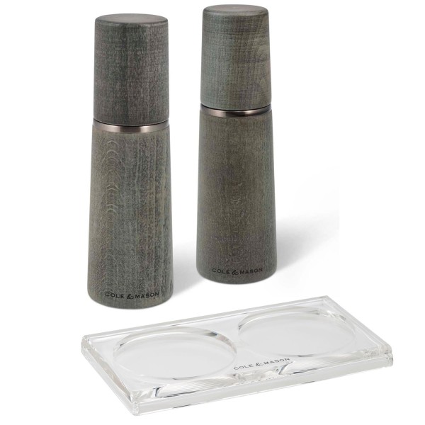 Cole & Mason 3-tlg. Gewürzmühlen Set Salz & Pfeffer 18.5 cm gebeiztes Buchenholz mit Acryl Tablett