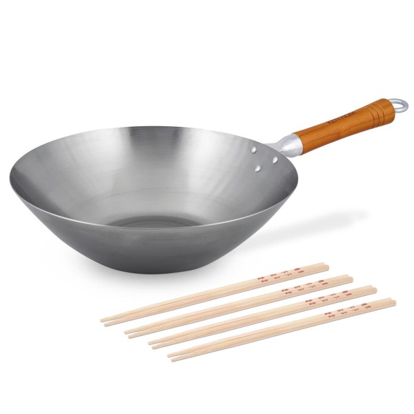 Ken Hom großer Stielwok 31 cm aus Karbonstahl und mit Holzgriff inkl. 8er Stäbchen Set