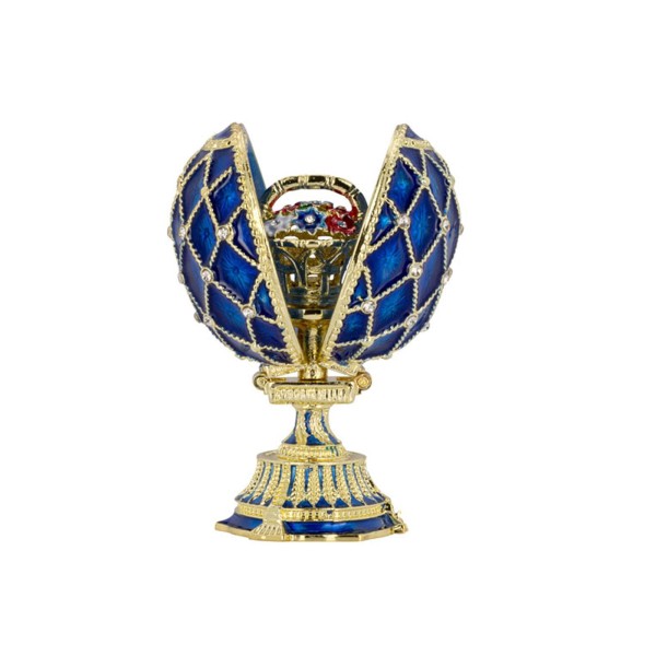 Deko Schmuckei 7 cm blaue aufklappbare Schmuckdose in Ei-Form mit Blumen-Bouquet