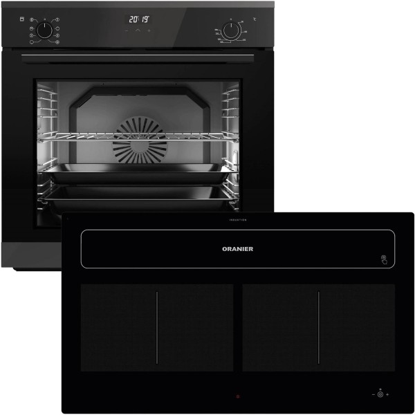 Oranier Einbaubackofen Set autark & 90 cm Flächen-Induktion Kochfeld KFL 2092 & Dunstabzug EBS420 Knebel versenkbar, Soft Close