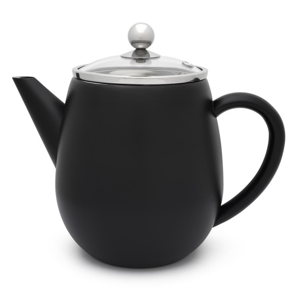 kleine schwarze doppelwandige Edelstahl Teekanne 1.1 Liter mit Filtersieb
