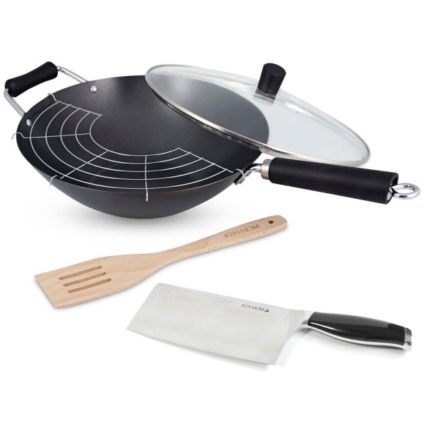 Ken Hom 5-tlg. Wok Set 31 cm Induktion Karbonstahl mit Antihaft & Hackmesser 18 cm