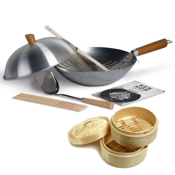 Ken Hom Wok Set 31 cm mit Holzgriff 11-tlg. beschichteter Karbonstahl & Dampfkorb Ø 20 cm