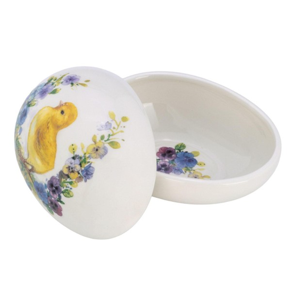 Deko Oster-Schale 15.9 x 11.8 cm mit Deckel Keramik weiß mit Blumen & Küken-Dekor zum Befüllen - Art.-Nr. 5483