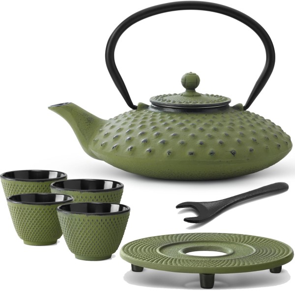 Bredemeijer grünes asiatisches gusseisernes Teekannen Set Untersetzer Becher & Deckelheber