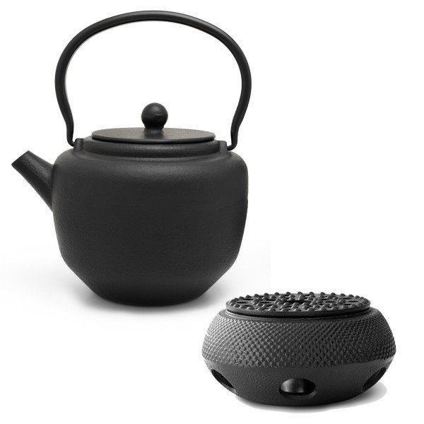 schwarzes asiatisches Guss Teekannen Set 1.3 Liter mit Stövchen aus Gusseisen