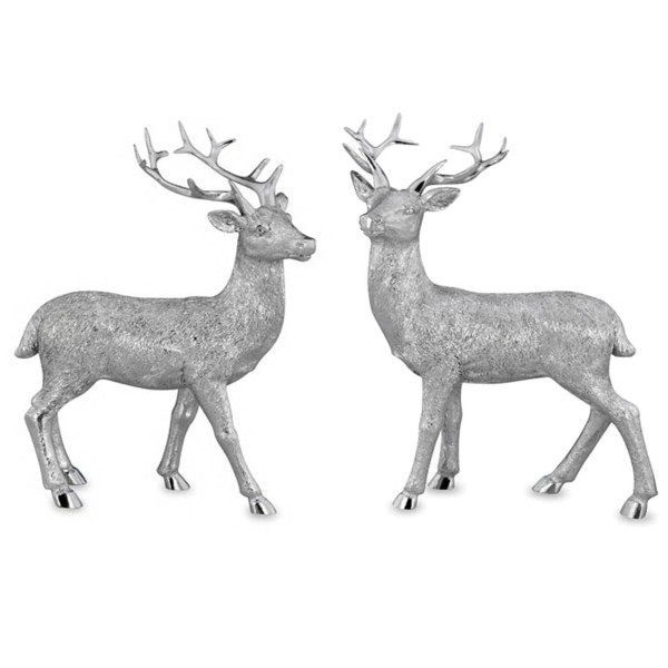 Deko Hirsch-Figuren Paar je 19,5 cm hoch stehend Kunststein in silberner Felloptik