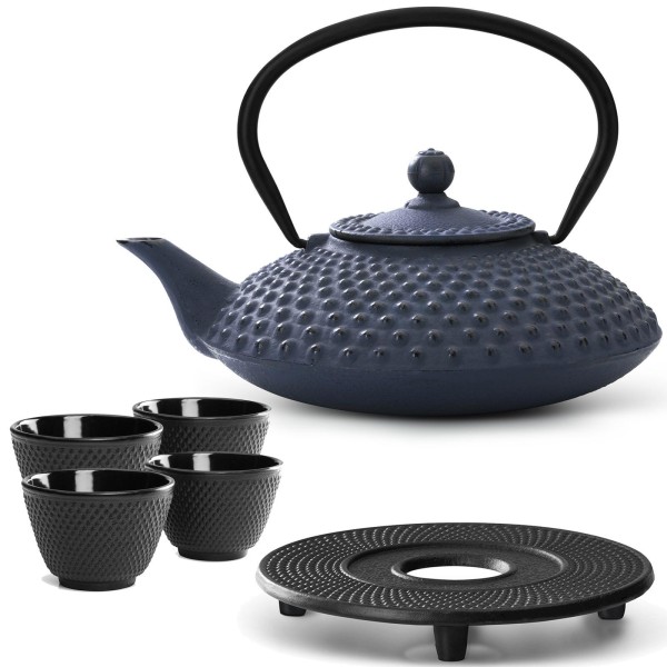 Bredemeijer Guss Teekanne 1250 ml blau Teekannen Set mit Gusseisen Untersetzer & 4 Teebecher