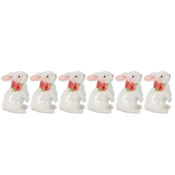 Deko-Mini-Hasen-Set 6 Stück aus Keramik stehend weiße Osterhasen-Figuren je 8,5 cm