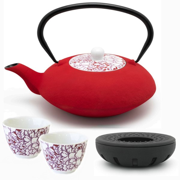 gusseiserne Teekanne 1,2 Liter asiatisch & Teewärmer & 2 Porzellan-Teebecher rot