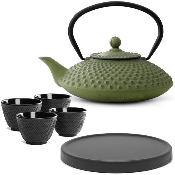 Bredemeijer Gusseisen Teekanne 1250 ml grün Teekannen Set mit Holz Untersetzer & 4 Teebecher