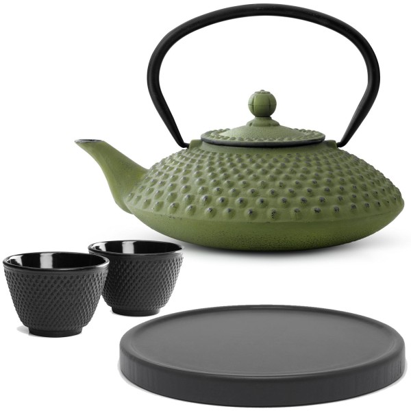 Bredemeijer Gusseisen Teekanne 1250 ml grün Teekannen Set mit Holz Untersetzer & 2 Teebecher