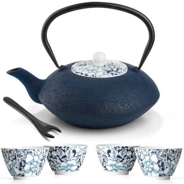 Bredemeijer blaue asiatische Teekanne Gusseisen 1.2 Liter Deckelheber & Becher