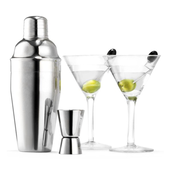 Leopold Vienna Martini Box Cocktail Set mit 4 Gläsern und Shaker & Edelstahl Tablett 7 teilig