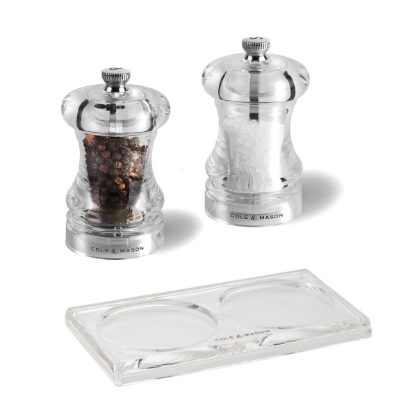 Cole & Mason kleines Acryl Gewürzmühlen Set Salz- & Pfeffermühle 8.5 cm mit Acryl Tablett