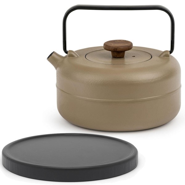 Bredemeijer Teekanne 0,75 Liter Gusseisen Beige - Kanne mit Holzknauf, Filter & schwarzen Holzuntersetzer