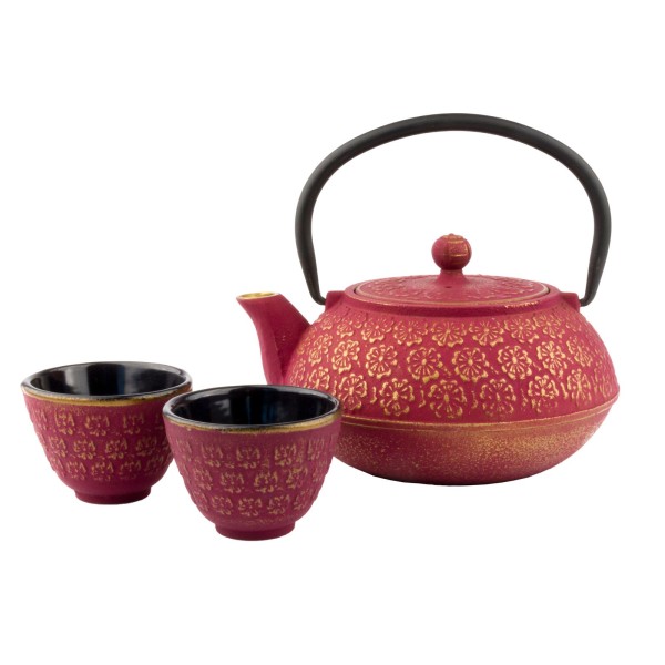 Bredemeijer rotes asiatisches gusseisernes Teekannen Set 0.6 Liter mit 2 Tassen
