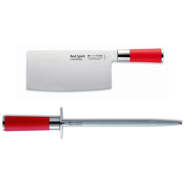 Dick Red Spirit asiatisches Kochmesser Chopping 18 cm & runder Standardzug Wetzstahl 25 cm