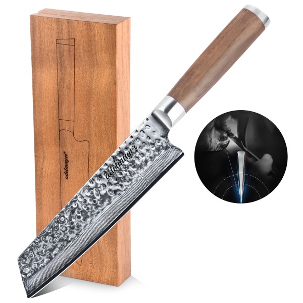 Adelmayer® edles Damast Kiritsuke Messer 18 cm mit braunem Walnußholzgriff