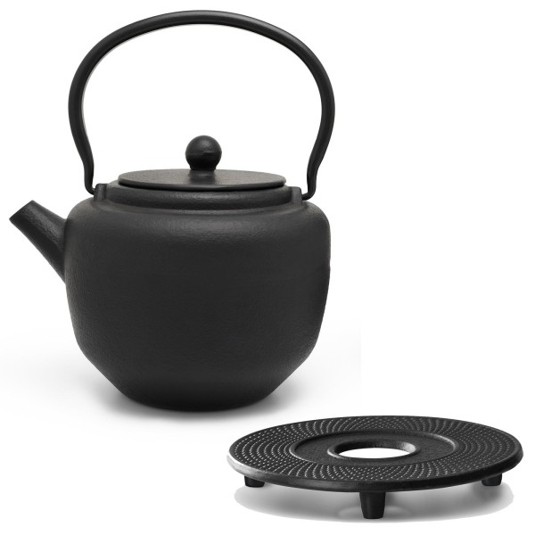 schwarzes asiatisches Guss Teekannen Set 1.3 Liter und Untersetzer aus Gusseisen