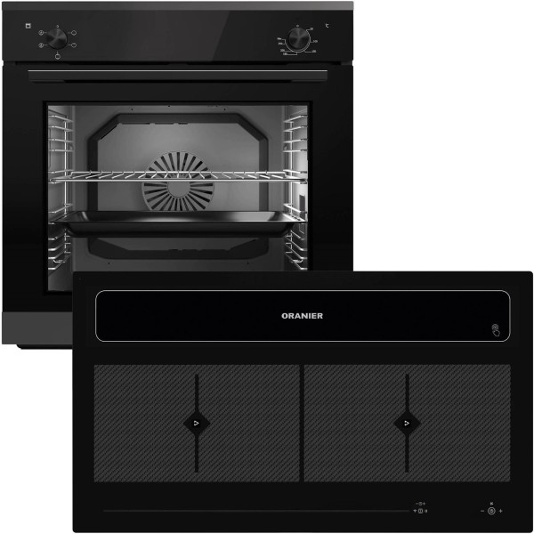 Oranier Einbaubackofen Set autark & 90 cm Flächen-Induktion Kochfeld KFL 2094 & Kochfeldabzug EBS220 Drehknebel