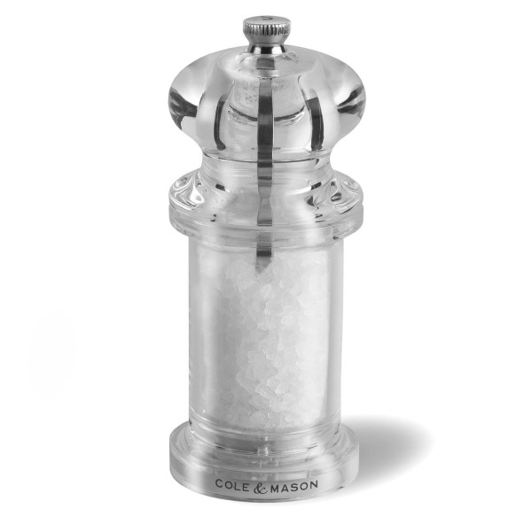 Cole & Mason kleine runde Acrylglas Salzmühle 14 cm mit Edelstahlknopf