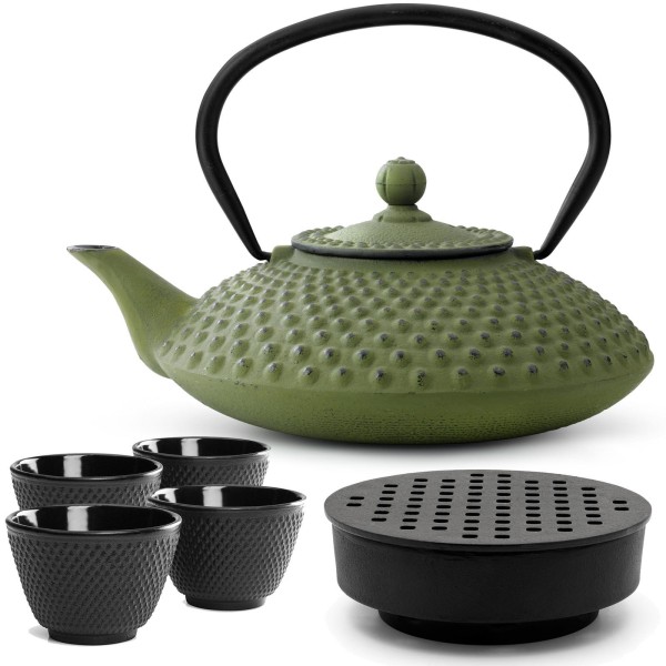 Bredemeijer gusseiserne Teekanne 1250 ml grün Teekannen Set mit Guss Stövchen & 4 Teebecher