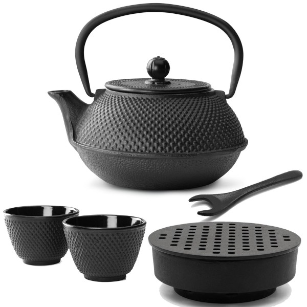 Bredemeijer Asia Gusseisen Teekannen Set 0.8 Liter - Teekessel mit Deckelheber & Stövchen & Teetassen 2 Stück