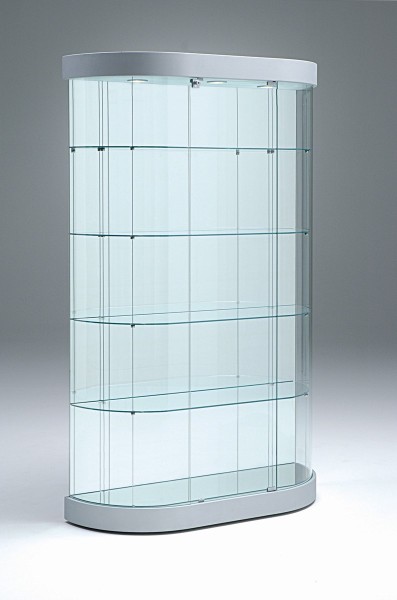 große ovale moderne Design Glasvitrine mit Schloss & Spiegelrückwand - Art.-Nr. PV112-38-mb-3LED-grau