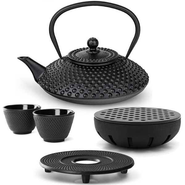 Bredemeijer Teekannen Set schwarze 1.25 Liter Gusseisen Kanne Induktion mit Untersetzer Teewärmer & Teebecher 2
