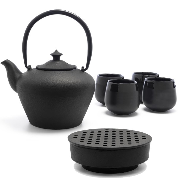 Bredemeijer Tee Geschenk Set Gusseisen 1.0 Liter mit Teewärmer und 2 Teebecher aus Porzellan