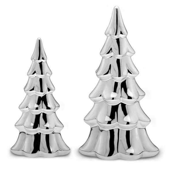 Deko Tannenbaum im 2er Set 25 & 20 cm hoch silberglänzende Bäume aus Porzellan