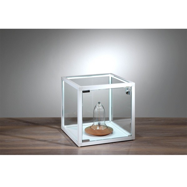 kleine quadratische Tisch Präsentationsvitrine beleuchtet mit Schloss 32 cm - Art.-Nr. VW-3232-LED-W-mb-we