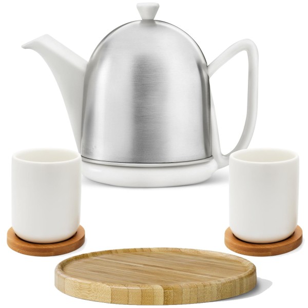 Bredemeijer weiße Teekanne matt Keramik Set mit Teebecher inkl. Untersetzer & Kannenuntersatz braun 2