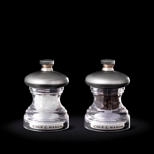 Cole & Mason 2-tlg. kleines Mini Salz- & Pfeffermühlen Set 6.5 cm aus Edelstahl-Acryl