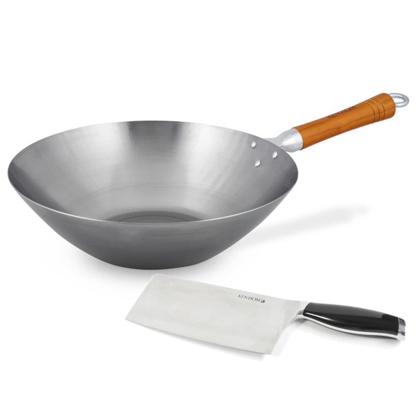 Ken Hom großer Wok 31 cm unbeschichteter Karbonstahl mit Holzgriff & Hackmesser 18 cm