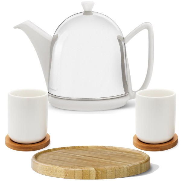Bredemeijer weiße Teekanne glänzend Keramik Set mit Teebecher inkl. Untersetzer & Kannenuntersatz braun 2