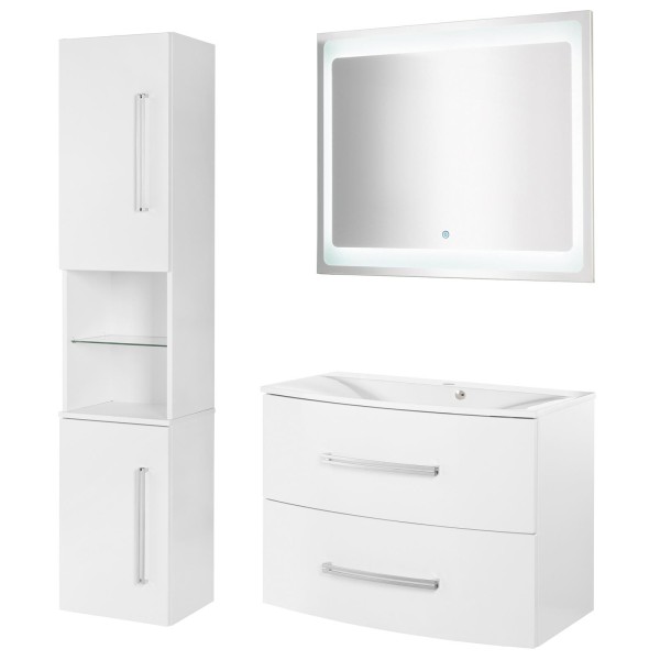 Fackelmann Badmöbel Set 4-tlg. Lugano weiß inkl. Hochschrank & Gussbecken & LED Badspiegel