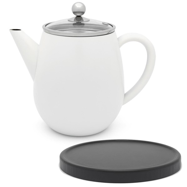 Bredemeijer weiße doppelwandige Edelstahl Teekanne 1.1 L & schwarzer Holzuntersetzer
