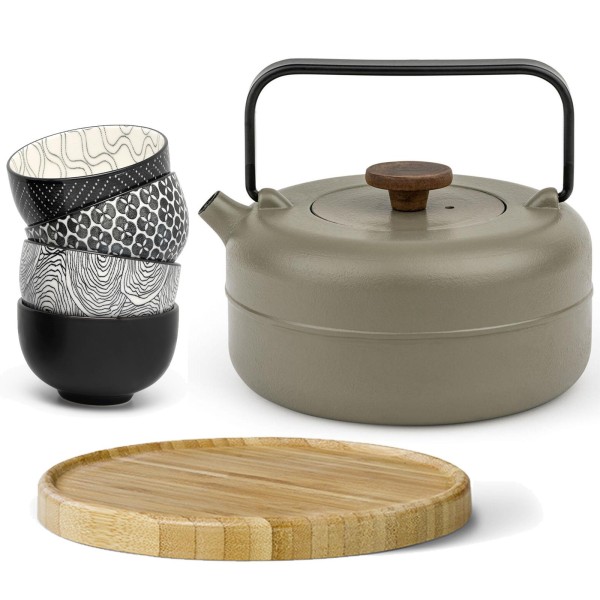 Bredemeijer Gusskanne 0,75 Liter Khaki-Grün Teekanne mit 4 Becher, Filter & braunen Holzuntersetzer