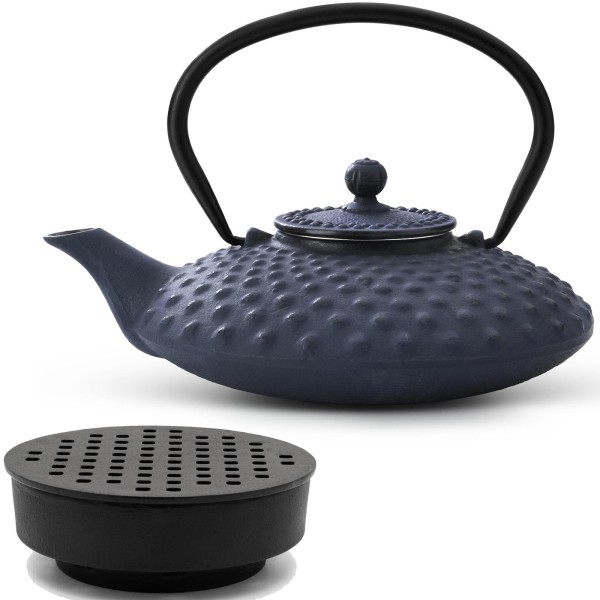 Bredemeijer blaues Gusseisen Teekannen Set - asiatischer Teebereiter mit gelochtem Guss-Stövchen 0.8 Liter