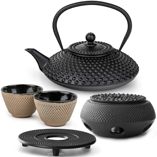 Bredemeijer Guss Teekannen Set 1.25 Liter schwarz mit sandfarbenen Bechern, Untersetzer & Stövchen 2