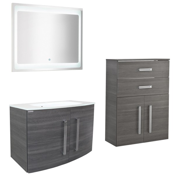 Fackelmann Badmöbel Set 4-tlg. Lugano anthrazit Midischrank & Glasbecken & LED Badspiegel