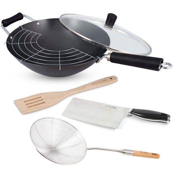 Ken Hom 6-tlg. Wok Set Induktion 31 cm Karbon Antihaft mit Schaumlöffel & Hackmesser