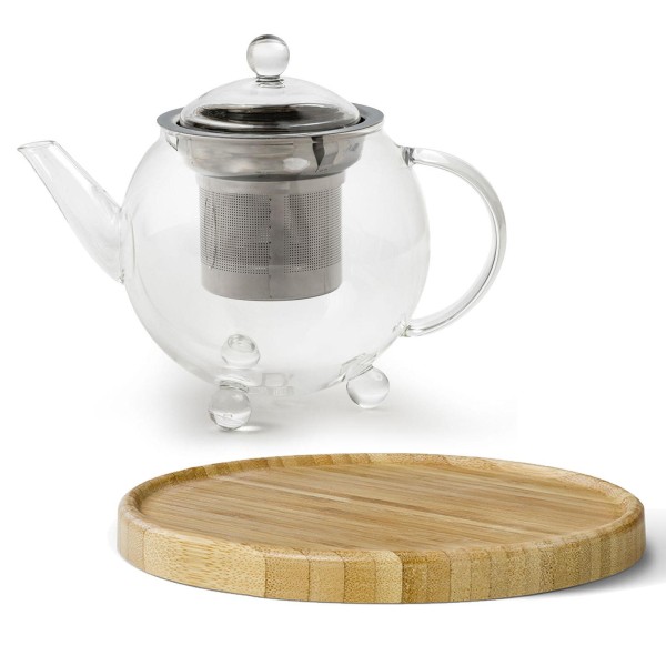 Bredemeijer Mini Glas-Teekanne 0,5 Liter einwandig mit Edelstahl-Teefilter & braunem Untersetzer