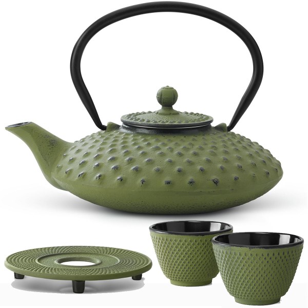 Teekanne Set Kanne Teekessel Kessel 0,8 Liter mit Untersetzer und 2 Becher grün