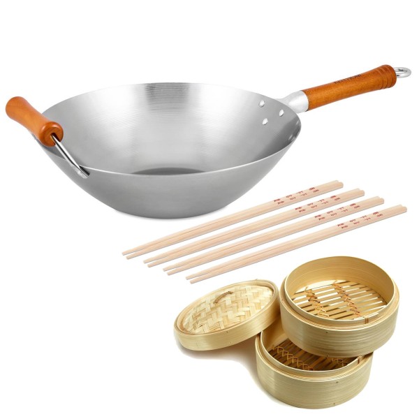 Ken Hom großer induktiver Wok 32 cm Karbonsahl unbeschichtet mit Holz-Griff - Set inkl. Zubehör