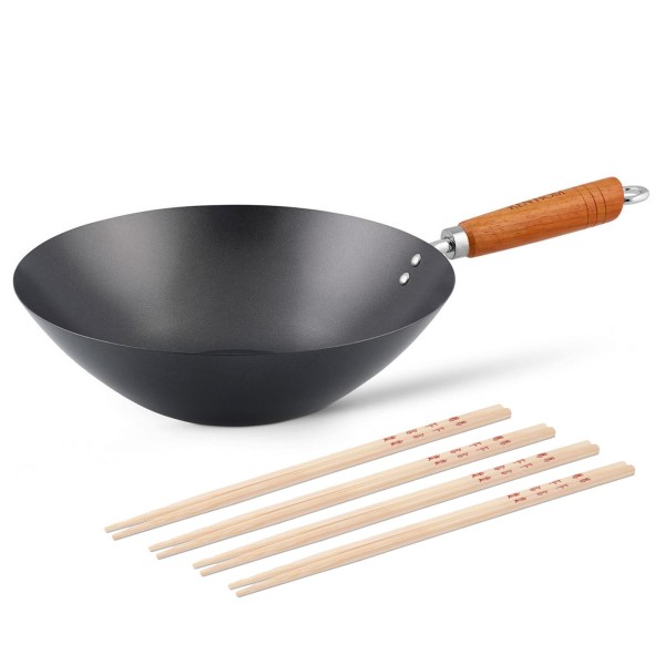 Ken Hom großer Stielwok 31 cm mit Holzgriff Antihaft Karbonstahl inkl. 8er Stäbchen Set