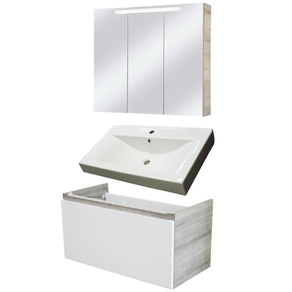 Fackelmann Badmöbel Set Piuro 3-tlg. 85 cm weiß eiche inkl. Spiegelschrank