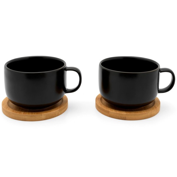 Bredemeijer 2-teilige schwarze Keramik Teetassen mit Henkel & Holz-Untersetzer